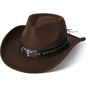 Unisex Coffee Western With Bull Skull Buckle Band Classic Fedora Cowboy Felt Hat